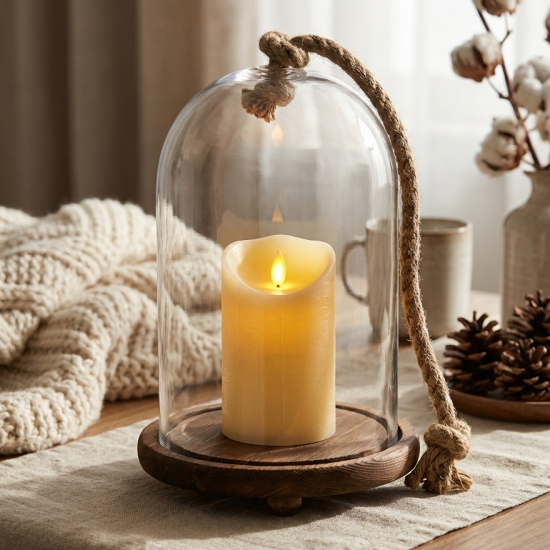 Glass Dome with Wood Base and Rope Handle